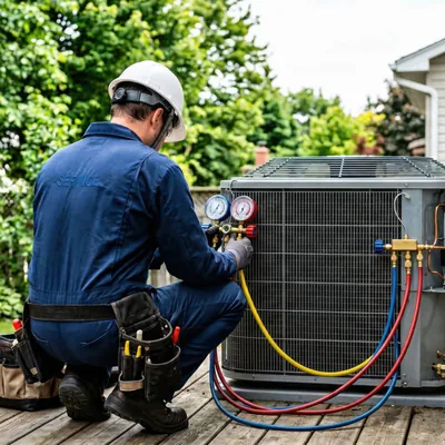 Bittner Heating & Cooling technician servicing an outdoor AC unit